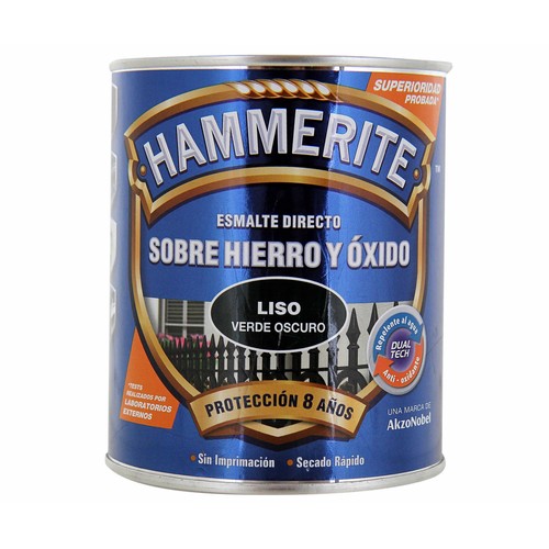 Esmálte antióxido, resistenete al agua, de secado rápido y de color verde liso HAMMERITE 0,75 litros 1 unidad.