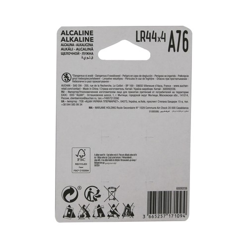 Pack de 4 pilas de botón alcalinas LR44, A76, 1,5V, PRODUCTO ALCAMPO.