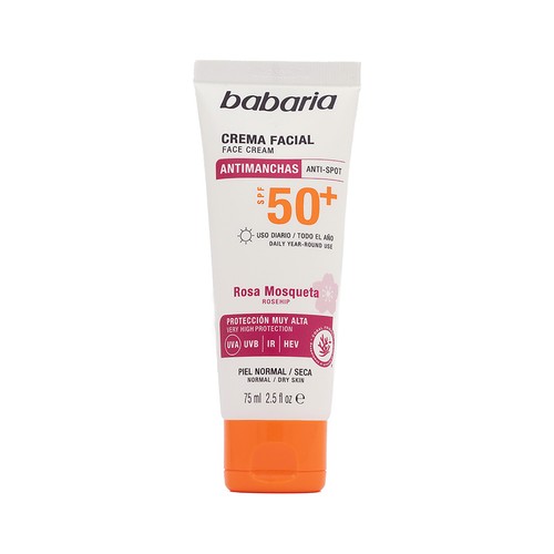 BABARIA Protector solar facial, anti manchas y anti arrugas con FPS 50+ (muy alto) 75 ml.