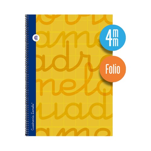 Cuaderno de espiral tamaño cuarto con 80 hojas de cuadrovía 4mm. Cubierta extra dura color amarillo. EDITORIAL LAMELA.