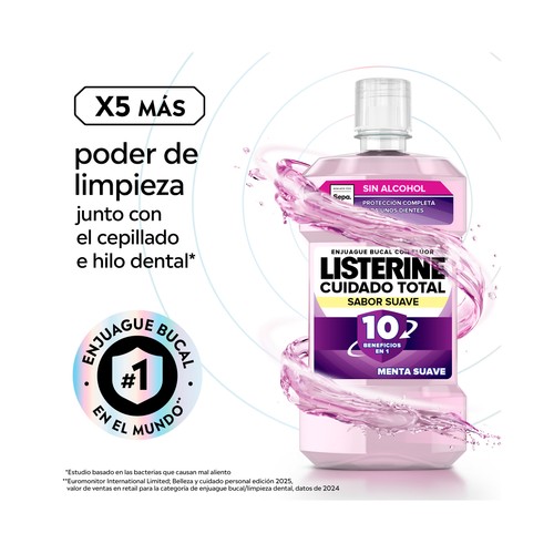 LISTERINE Cuidado total Enjuague bucal de uso diario y sabor menta suave 500 ml.