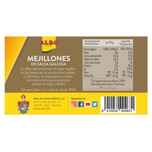 ALBO Mejillones salsa gallega lata de 70 g.