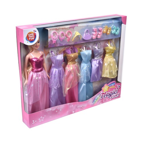 Muñeca Magic Story Princesa con 5 Outfits 14 Piezas +3 Años ONE, TWO FUN