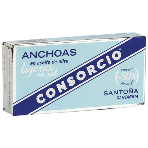 CONSORCIO Filetes de anchoa de Santoña en aceite de oliva, ligeras en sal CONSORCIO 26 g. peso neto escurrido