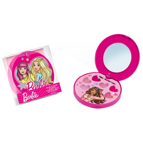 BARBIE Polvera con espejo, aplicador y diferentes brillos de labios.