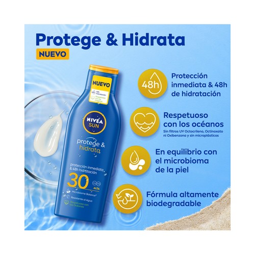 NIVEA Sun protege & hidrata Leche solar protectora e hidratante, con factor de protección 30 (alto) 200 ml.