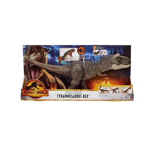 JURASSIC WORLD T-Rex golpea y devora Dinosaurio articulado, figura de juguete para niños y niñas (MATTEL HDY55)