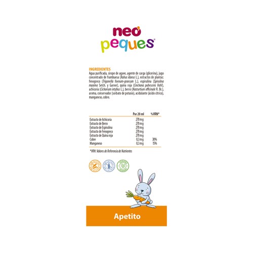 NEO PEQUES Apetito Complemento alimenticio sabor a frambuesa para la mejora del apetito 150 ml.