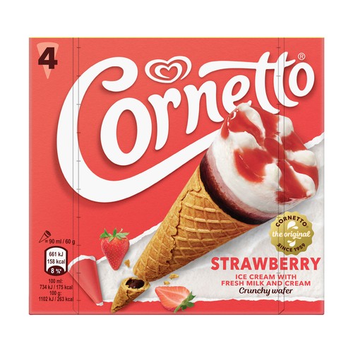 CORNETTO de Frigo Cono de helado de fresa y nata con chocolate 4 x 90 ml.