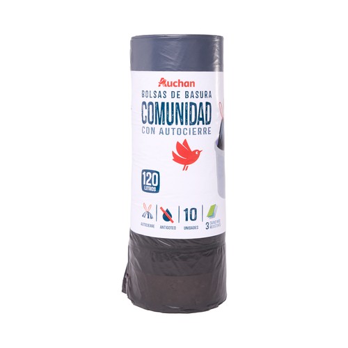 Bolsas de basura con autocierre especial cubo comunidad gris, autocierre capacidad 100 litros PRODUCTO ALCAMPO 10 uds.