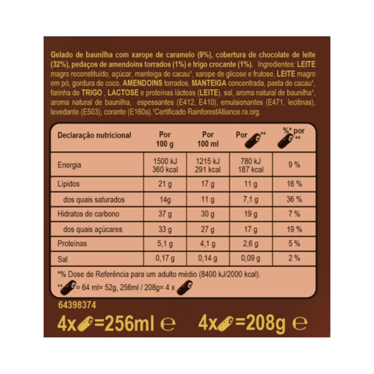 Barrita de helado caramel & nuts X4 208G