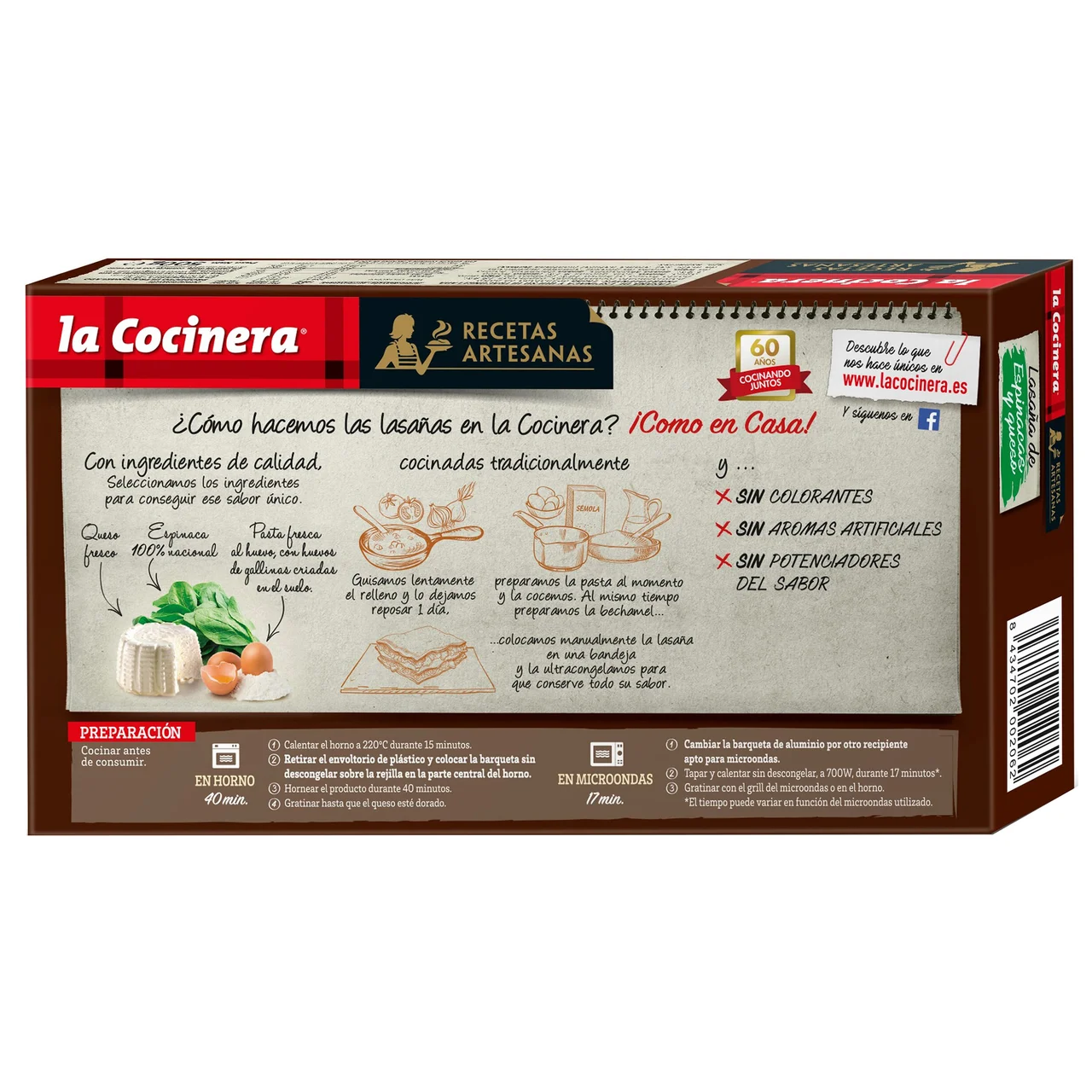 Lasaña de pasta fresca al huevo, rellena de espinacas (100% nacionales) y queso Recetas artesanas 500 g.