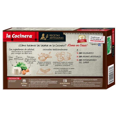 LA COCINERA Lasaña de pasta fresca al huevo, rellena de espinacas (100% nacionales) y queso Recetas artesanas 500 g.