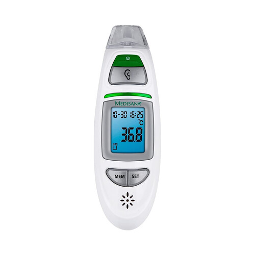Termómetro digital 6 en 1 MEDISANA TM 750, oído para bebés, frente, alarma visual, función memoria.