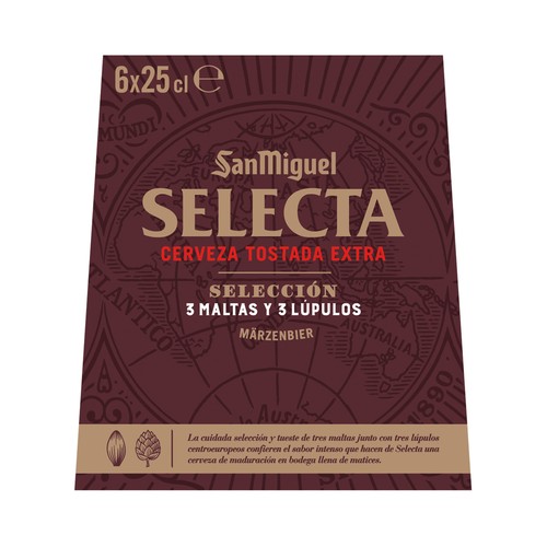 SAN MIGUEL Selecta Cerveza tostada extra elaborada con 3 maltas y 3 lúpulos seleccionados 6 x 25 cl.