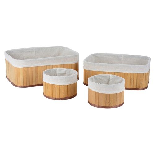 Set de 4 cestas multiúsos de bambú con recubrimiento de tela, color madera, ORDENACIÓN.