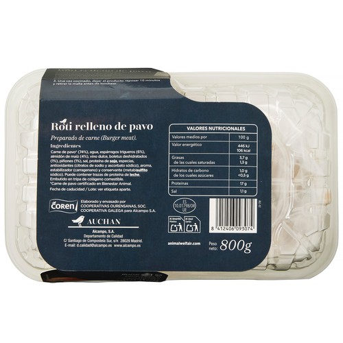AUCHAN COLLECTION Roti de pavo relleno con espárragos trigueros, boletus y piñones 800 g.