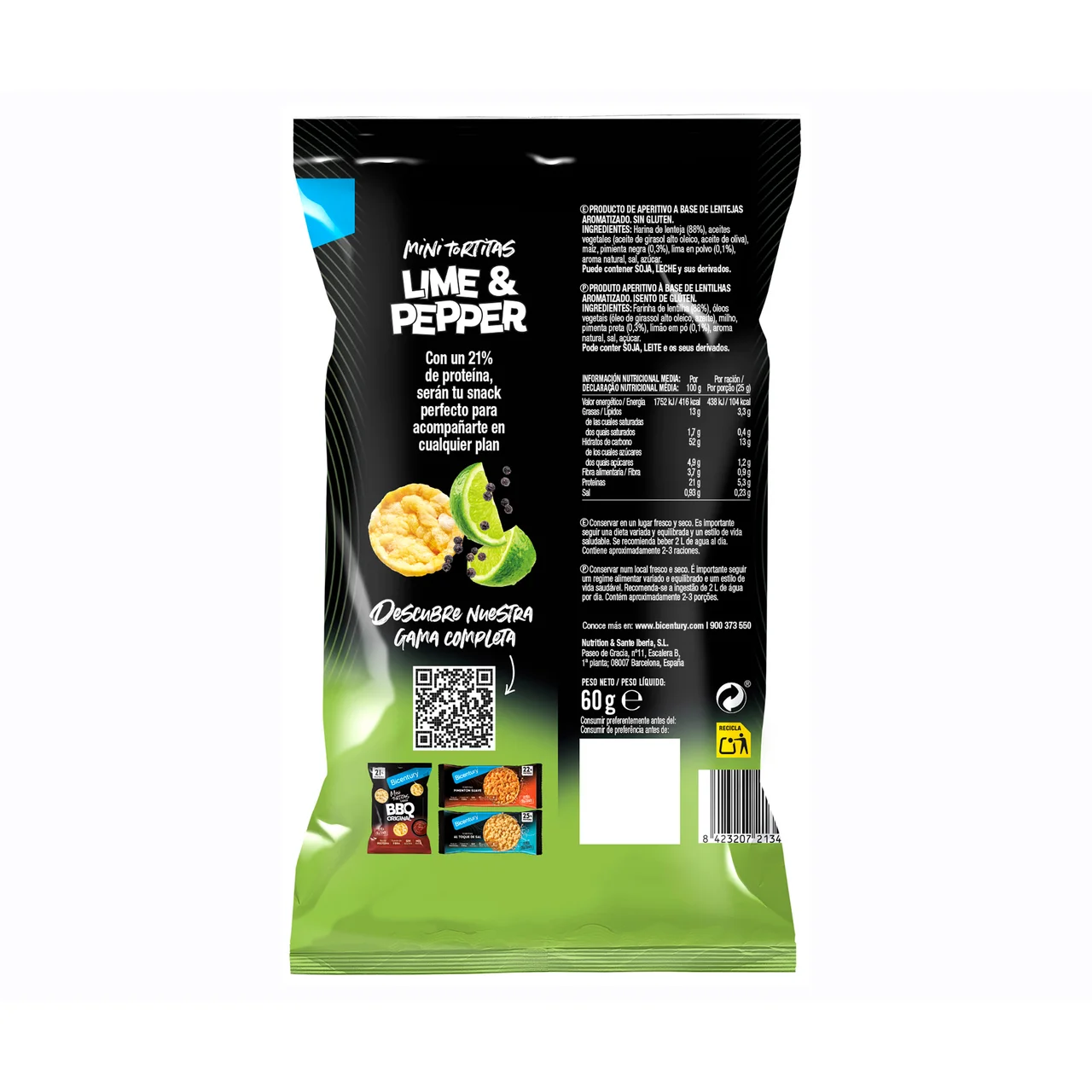 Mini tortitas de proteína sabor lima y pimienta 60 g.