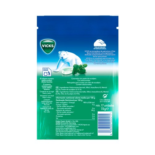 VICKS Doble acción Caramelos sin azúcar y con mentol refrescante 72 g.