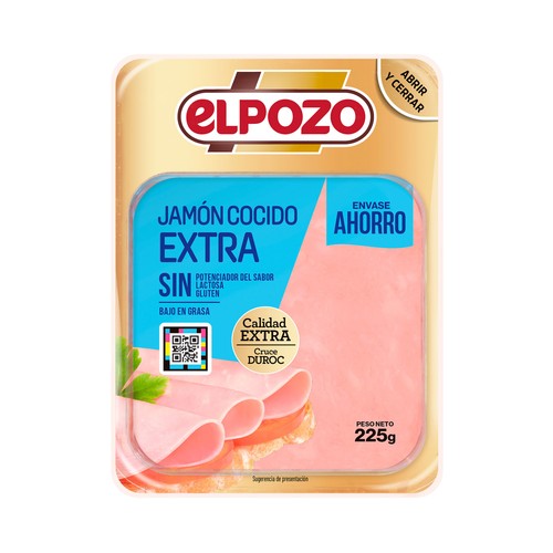 Jamón cocido de categoria extra, cortado en cómodas lonchas EL POZO 225 g.