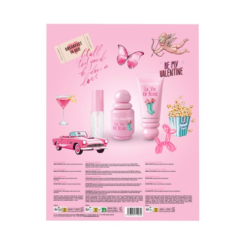 DON ALGODÓN La vie en rose Neceser para mujer con colonia, iluminador y crema de manos.