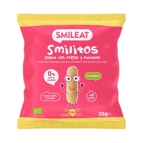 SMILEAT Smilitos Snack infantil con fresa y plátano de origen 100% ecológico 25 g.