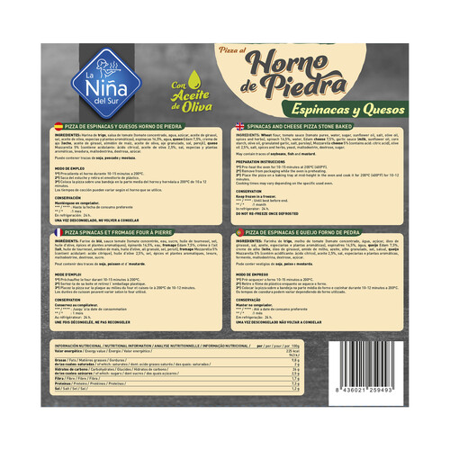LA NIÑA DEL SUR Pizza de espinacas con un toque de ajo y queso hecha al horno de piedra LA NIÑA DEL SUR 415 g.