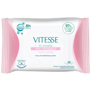 VITESSE Toallitas desmaquilladoras con vitamin complex y 8 horas de hidratación, para pieles sensibles 25 uds.