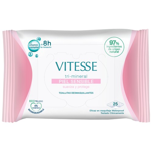 VITESSE Toallitas desmaquilladoras con vitamin complex y 8 horas de hidratación, para pieles sensibles 25 uds.