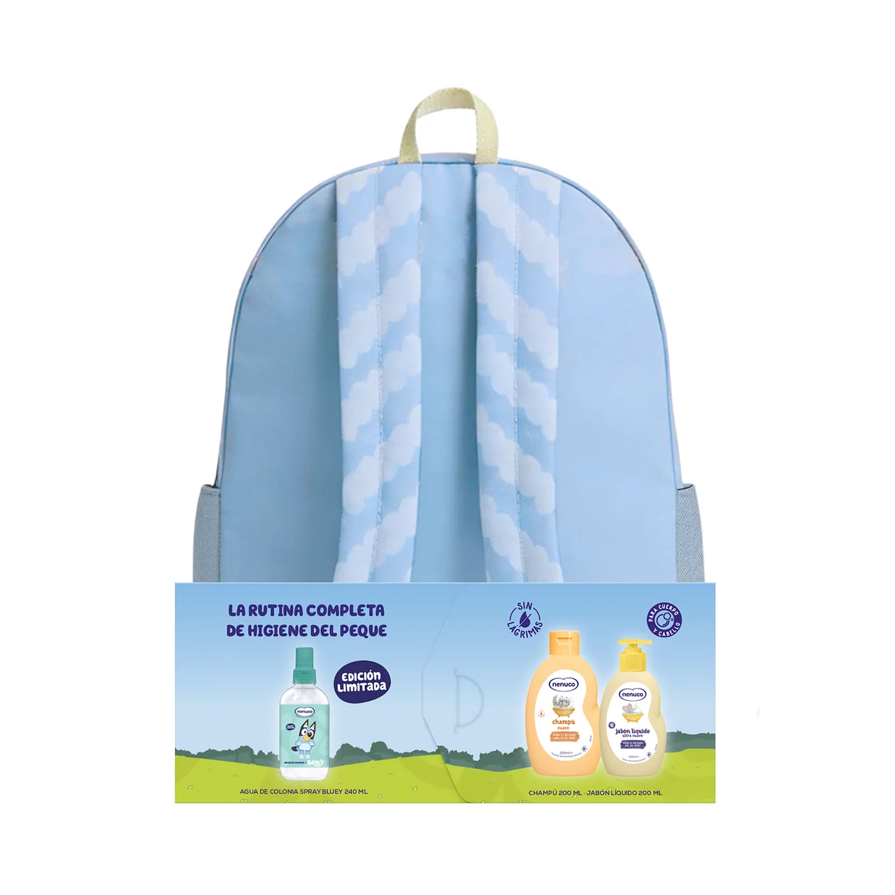 Bluey Mochila con champú (200 ml), agua de colonia (240 ml) y jabón líquido (200 ml).
