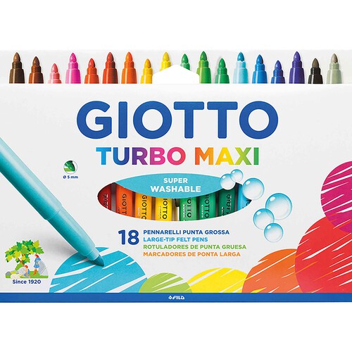 18 rotuladores, punta gruesa y grosor de 5mm con tinta superlavable de varios colores GIOTTO.