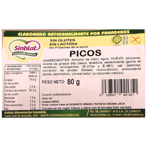 SINBLAT Picos sin gluten SINBLAT 80 g.