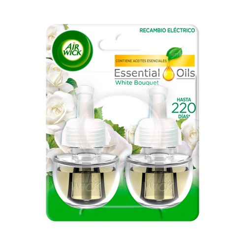 AIR WICK Ambientador eléctrico Whiite Bouquet- Recambios AIR WICK ESSENTIAL OILS 2 x 19 ml.