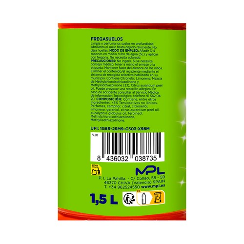 EKOSAN Fregasuelos concentrado con aroma cítrico 1,5 L.