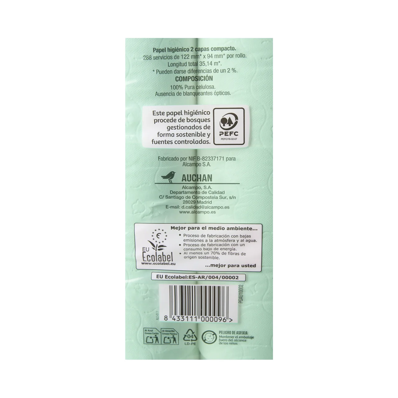 PRODUCTO ALCAMPO Papel higiénico compacto de doble capa con certificado Ecolabel 30 uds.