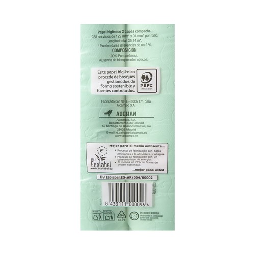 PRODUCTO ALCAMPO Papel higiénico compacto de doble capa con certificado Ecolabel 30 uds.