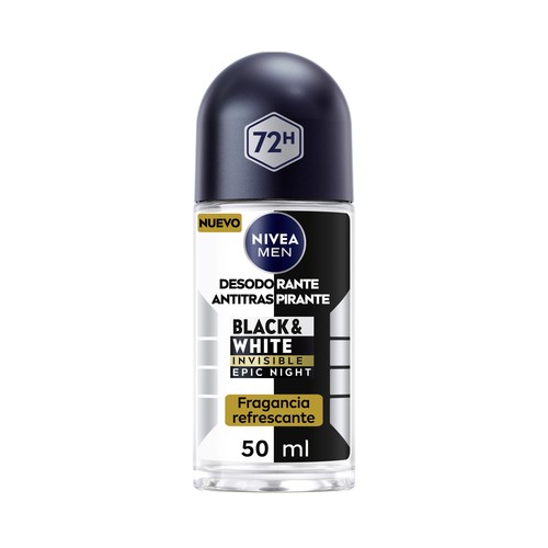 NIVEA Men black & white invisible epic night Desodorante roll on para hombre, antitranspirante 72 horas 50 ml.