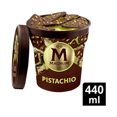 MAGNUM Crackables Tarrina de helado de pistacho con salsa de pistacho cubierto de chocolate con leche 440 ml.