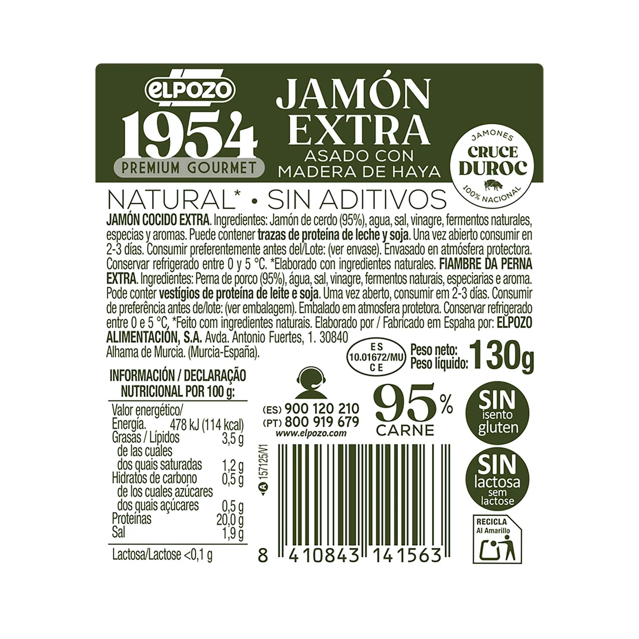 1954 Premium gourmet Jamón extra, asado con madera de haya, cortado en lonchas 130 g.