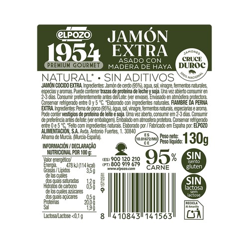 EL POZO 1954 Premium gourmet Jamón extra, asado con madera de haya, cortado en lonchas 130 g.