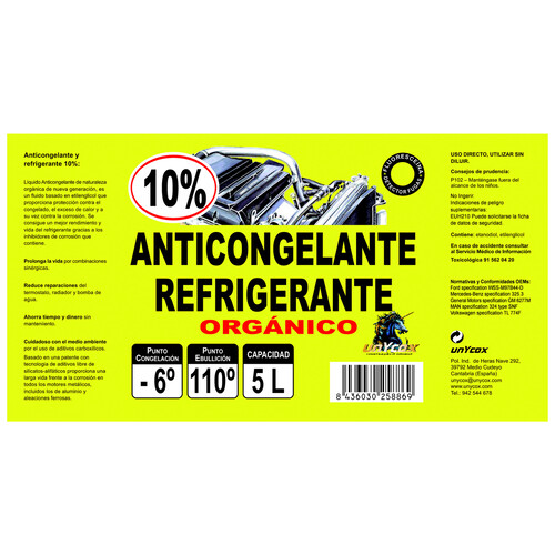 Líquido refrigerante con temperatura de protección de hasta -6ºC+110ºC, 5L verde orgánico, 10% Monoetilenglicol, UNYCOX.