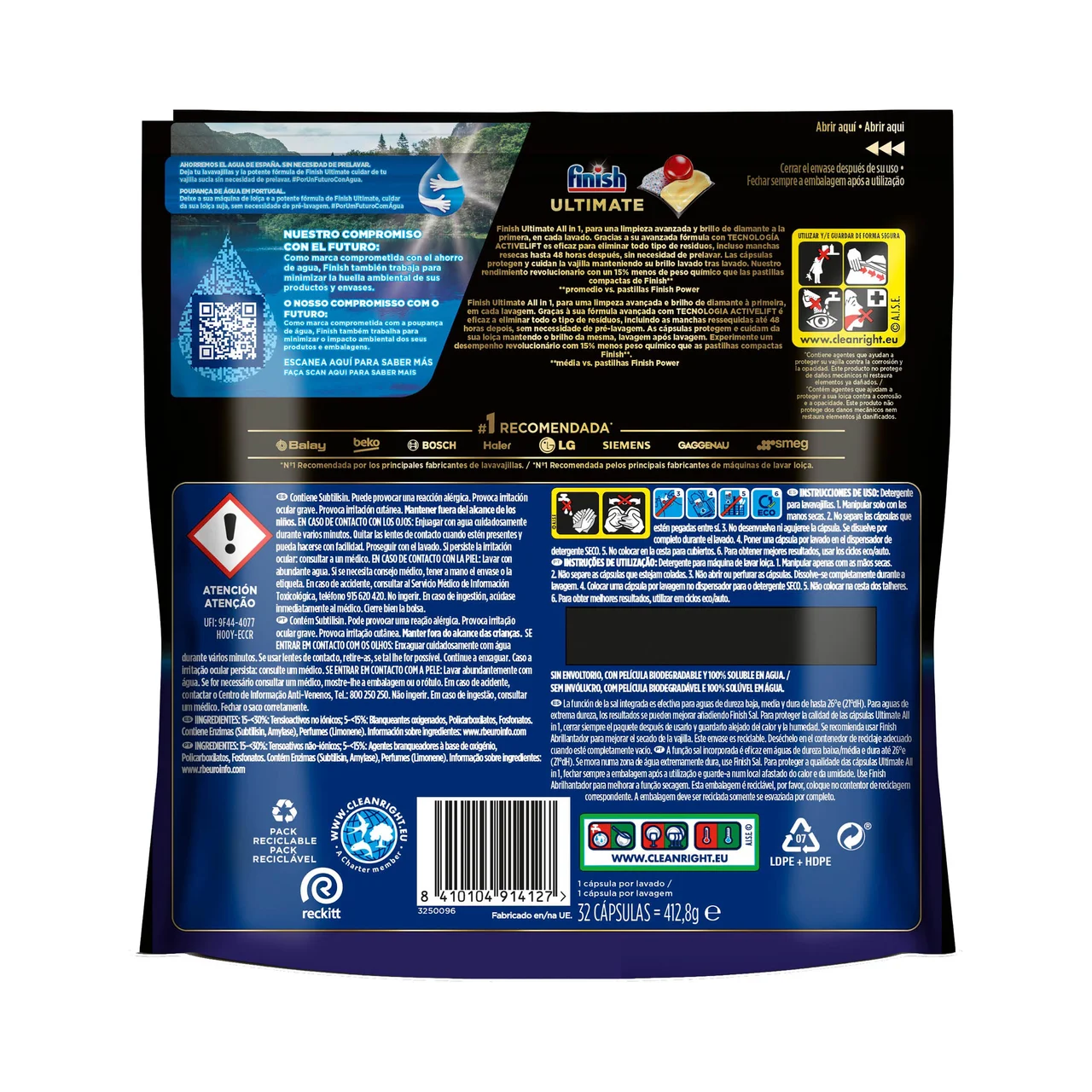 Ultimate Detergente todo en 1, en cápsulas para lavavajillas, con aroma a limón 32 uds.