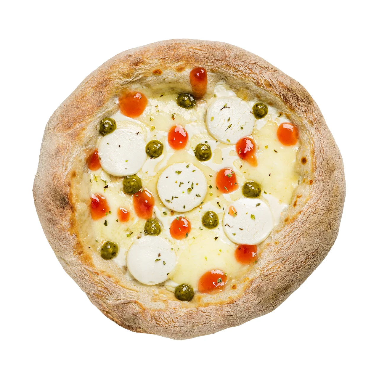Pizza congelada a los 4 quesos con pesto y confitura de tomate 420 g.
