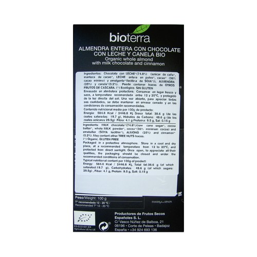 BIOTERRA Almendras enteras con chocolate con leche y canela ecológicas 100 g.