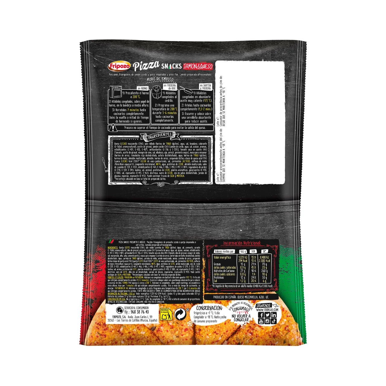 Pizza snacks congelados de jamón y queso 250 g.