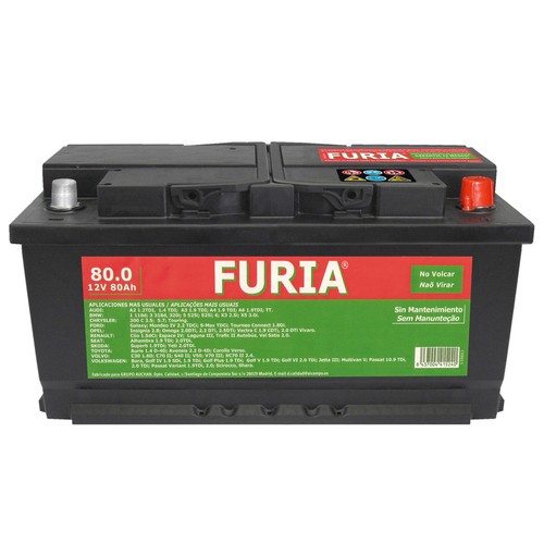 Batería de coche 80Ah, arranque 740A, 12v, L: 31,5cm, A: 17,5cm, H: 17,5cm, FURIA.