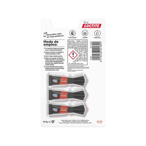 Pack de 3 pegamentos instantáneos LOCTITE Super Glue 3 Power Gel, 3x1g.