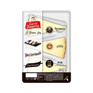 GARCIA BAQUERO Tabla de 3 quesos gourmet ya cortados ( Queso Reserva 12, POK Añejo y La Cava Barus) 150 g cada uno.