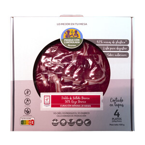ALCAMPO PRODUCCIÓN CONTROLADA Paleta de bellota ibérica (50% raza ibérica) cortada en tapas ALCAMPO PRODUCCIÓN CONTROLADA 4 sobres de 100 g.