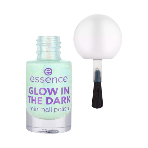 ESSENCE Glow in the dark tono 01 verde menta claro brillante Mini esmalte de uñas que brilla en la oscuridad.